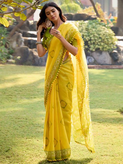 women yellow printed lace work saree with blouse - 21713601 - Very Small Image - 1