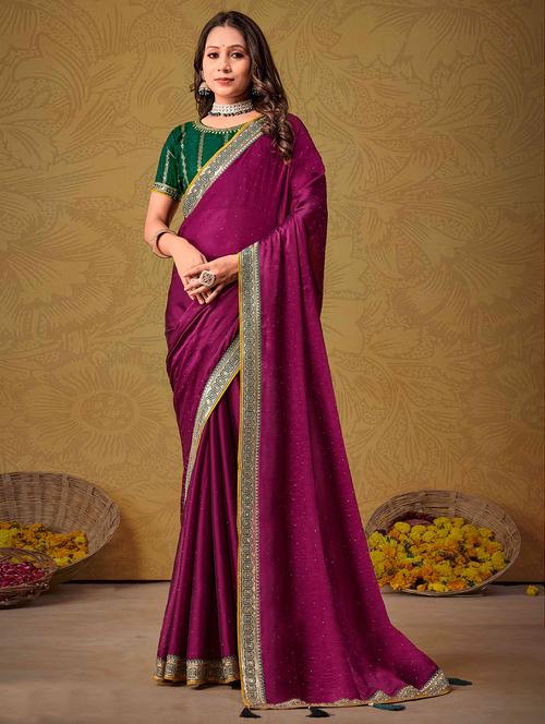women magenta embellished lace work saree with blouse - 21713618 - Very Small Image - 1