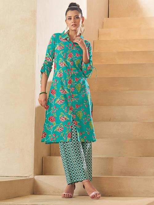 women floral printed shirt collar neck kurta palazzo set - 21713655 - Very Small Image - 1