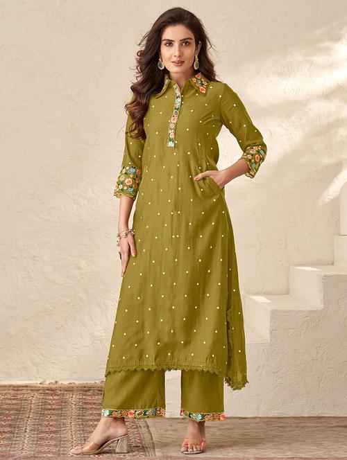 women olive polka dots kurta palazzo set - 21713664 - Very Small Image - 1