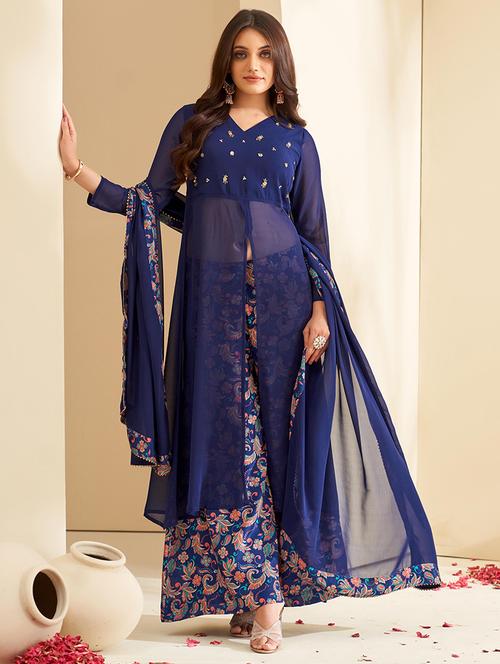 women blue solid with work kurta palazzo with dupatta set - 21713666 - Very Small Image - 1