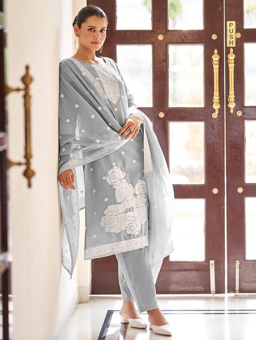 women grey self design kurta pant set with dupatta - 21713677 - Very Small Image - 1