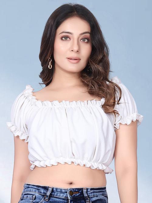 women solid puff sleeves crop top - 21714054 - Very Small Image - 1