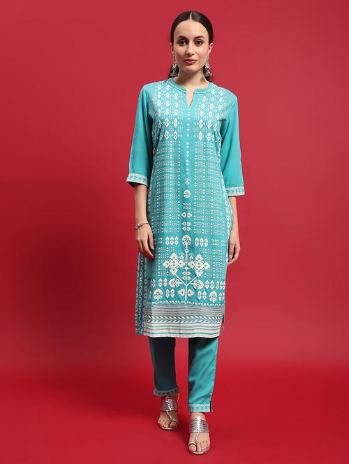 turquoise rayon kurta pant  set - 21714272 - Very Small Image - 1
