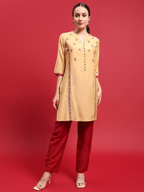 beige silk blend kurta pant  set - 21714274 - Very Small Image - 1
