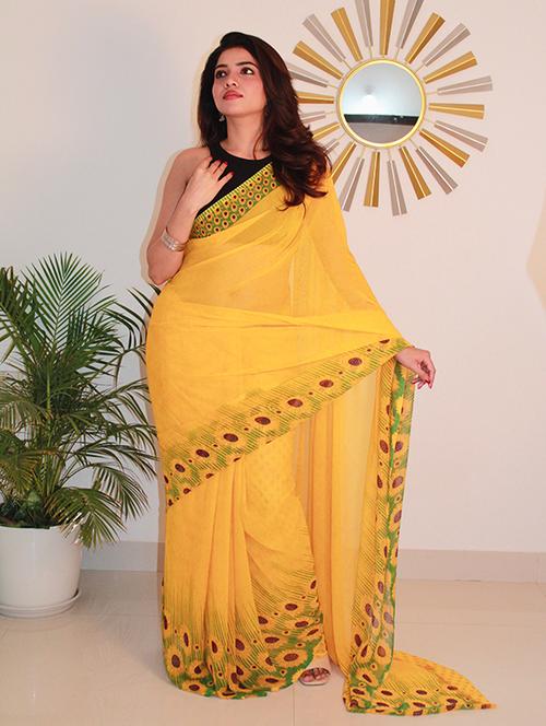 women yellow floral printed saree with blouse - 21714472 - Very Small Image - 1