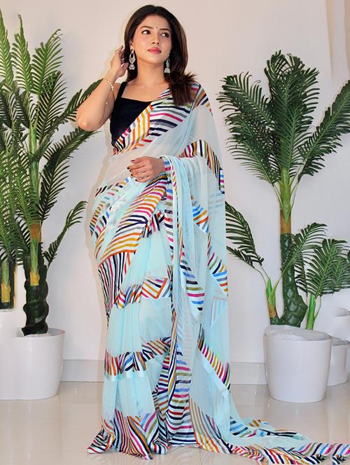 women light blue stripes printed saree with blouse - 21714842 - Very Small Image - 1