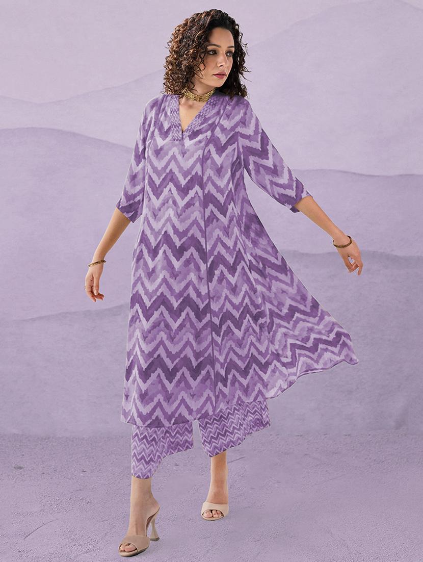 chevron printed v-neck a-line kurta with palazzos - 21715118 - Zoom Image - 1