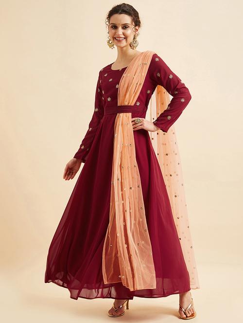 women maroon embroidered kurta dupatta set - 21715844 - Very Small Image - 1