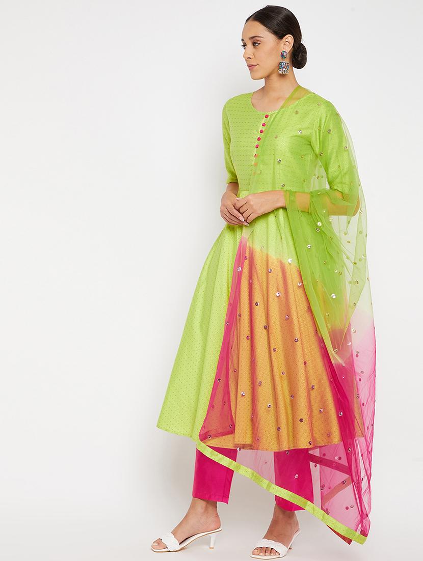 women green elbow sleeve kurta pant with dupatta set - 21716001 - Standard Image - 1