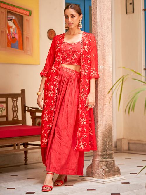 women embroidered top and skirt with shrug set - 21717215 - Very Small Image - 1