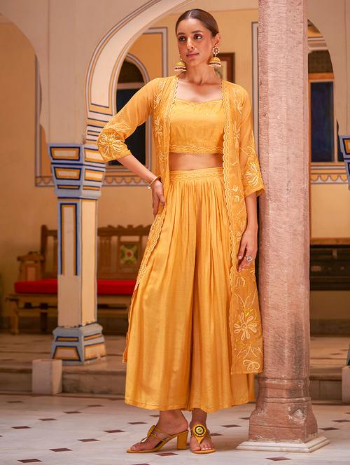 women embroidered top and palazzo with shrug set - 21717216 - Very Small Image - 1