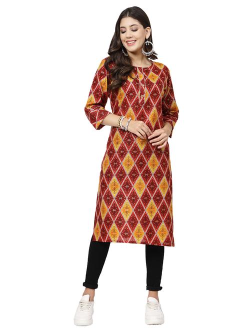 women round neck foil printed straight kurta - 21717772 - Very Small Image - 1