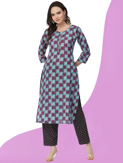 women geometric printed three quarter sleeve kurta pant set - 21717805 - Very Small Image - 1