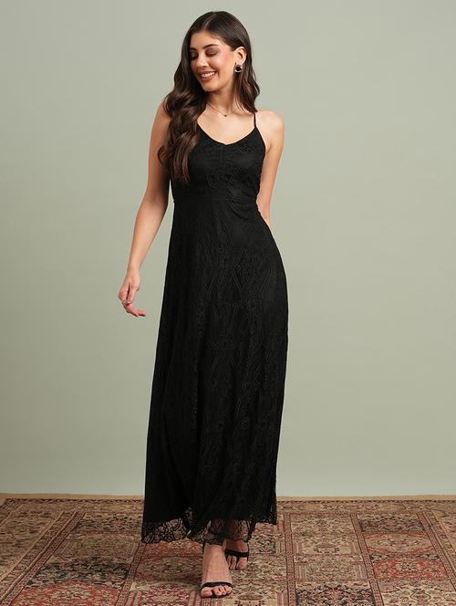 globus women black v-neck back side cross strap cut-out detail lace fit & flare maxi party dress - 21718323 - Very Small Image - 1