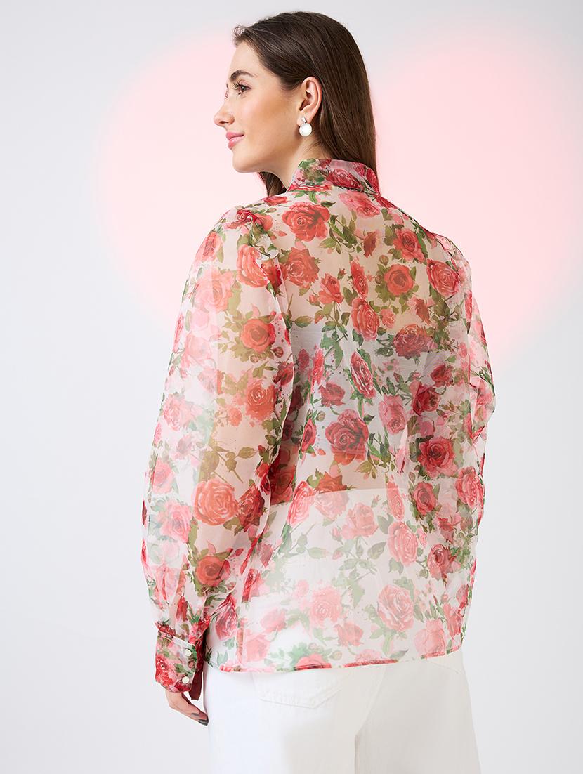 globus women multi collared neck cuffed sleeves floral print organza shirt style party top - 21718343 - Standard Image - 2