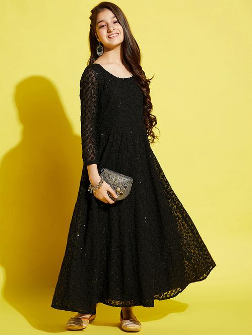 girls black embroidered long sleeve gown - 21718589 - Very Small Image - 1