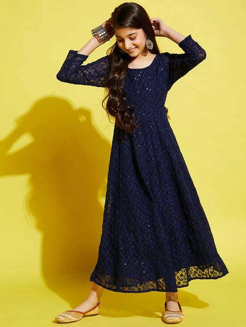 girls navy blue embroidered long sleeve gown - 21718590 - Very Small Image - 1