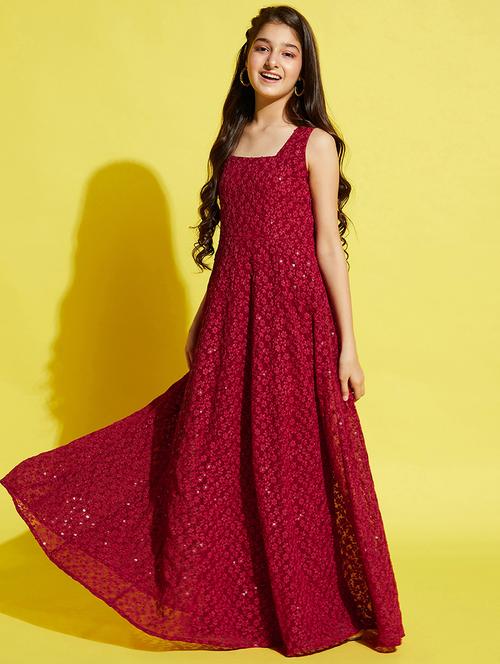 girls maroon embroidered sleeveless gown - 21718594 - Very Small Image - 1