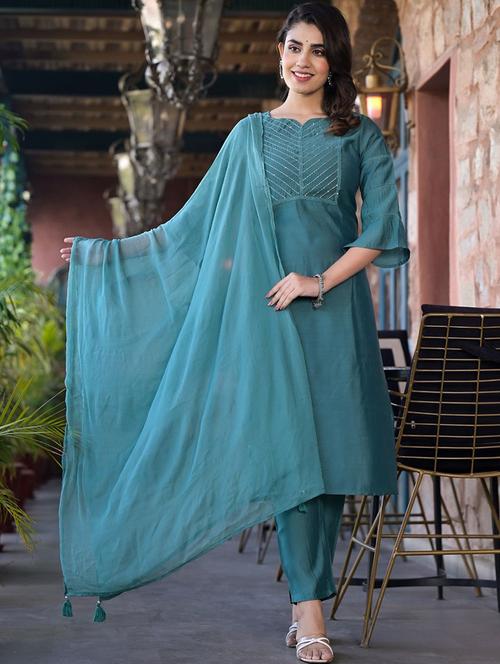 women three quarter sleeve kurta pant with dupatta set - 21719635 - Very Small Image - 1