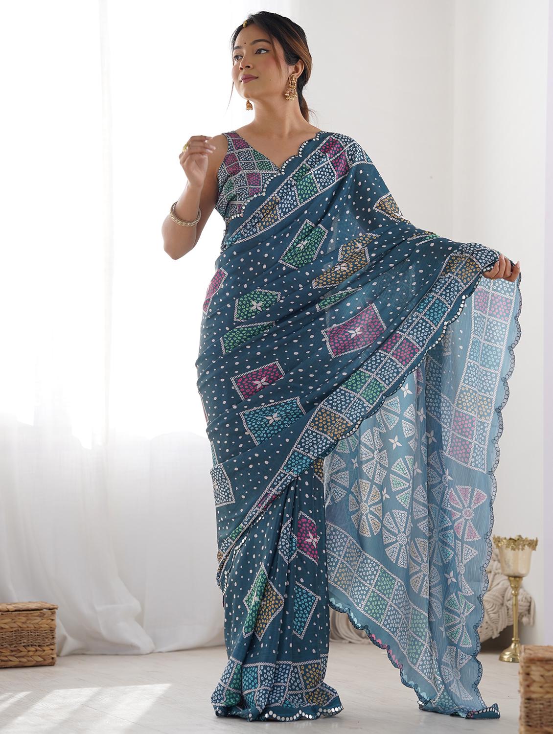 women teal printed saree with blouse - 21719779 - Zoom Image - 0