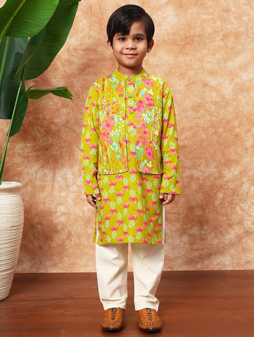 Boys Mandarin Neck Printed Kurta Pyjama Set - 21719813 - Very Small Image - 1