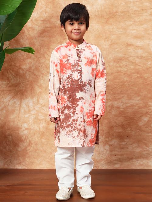 Boys Mandarin Neck Printed Kurta Pyjama Set - 21719819 - Very Small Image - 1