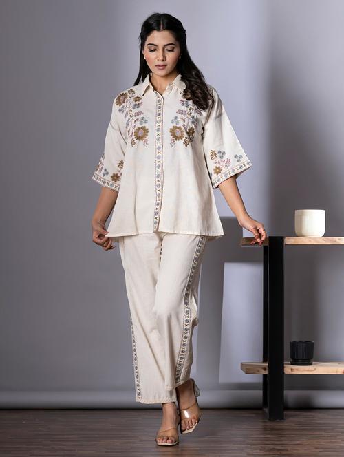 women embroidered shirt collar neck co-ord sets - 21720298 - Very Small Image - 1