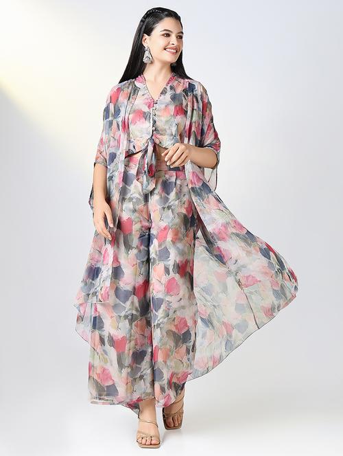 Women Grey Printed V Neck Fusion Set - 21721657 - Very Small Image - 1