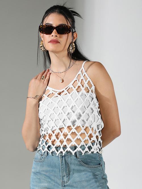 women white shoulder strap neck crochet top - 21721689 - Very Small Image - 1