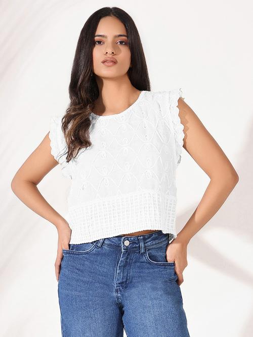 women white round neck embroidered crop top - 21721692 - Very Small Image - 1