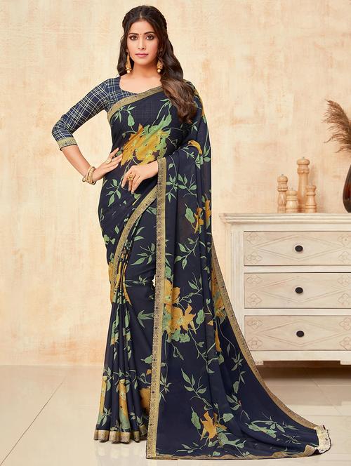 women navy bllue floral printed saree with blouse - 21721951 - Very Small Image - 1