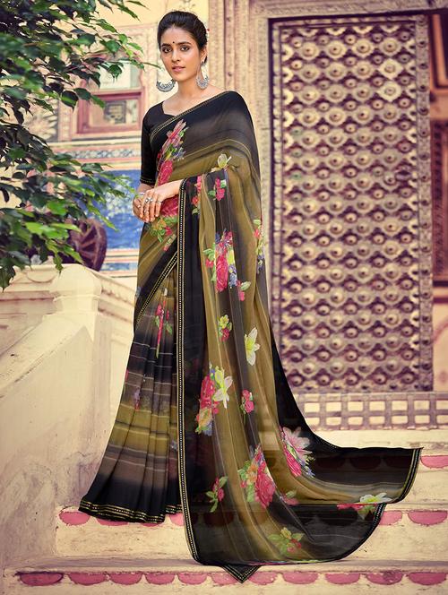 women olive floral printed saree with blouse - 21722098 - Very Small Image - 1