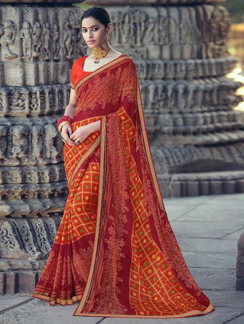 women orange bandhani printed saree with blouse - 21722103 - Very Small Image - 1