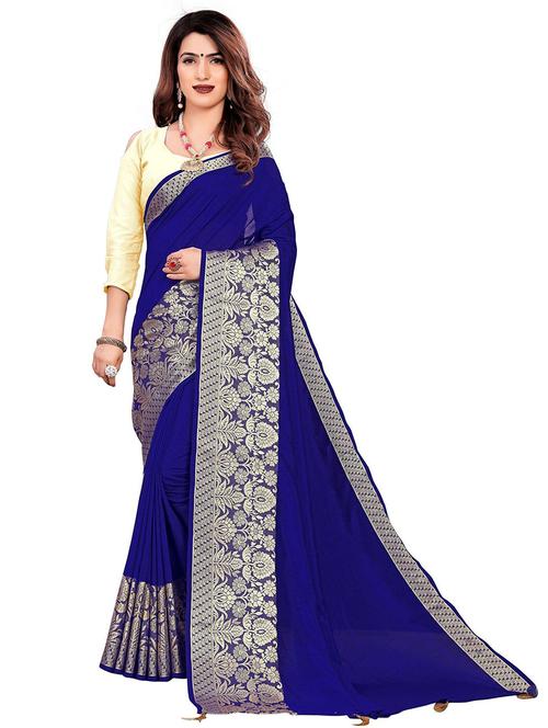 women blue solid zari bordered saree with blouse - 21722232 - Very Small Image - 1