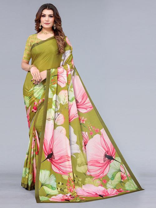 women olive floral printed saree with blouse - 21722250 - Very Small Image - 1