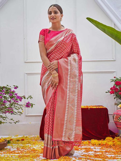 women pink printed zari bordered saree with blouse - 21722477 - Very Small Image - 1