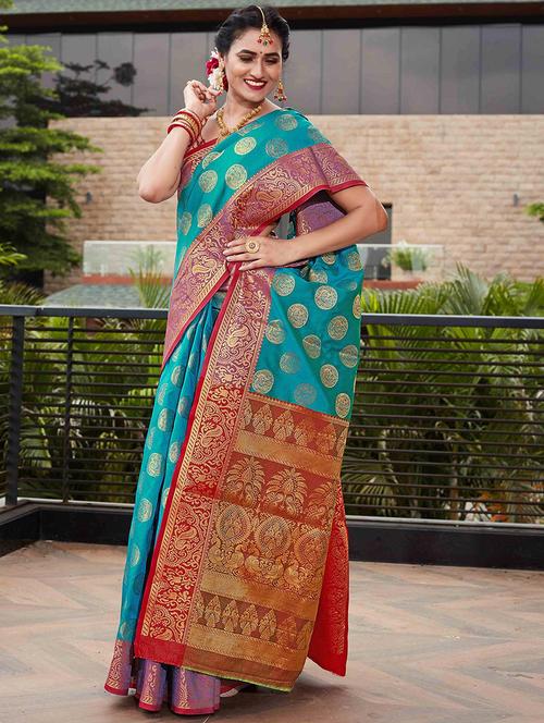 women blue printed zari bordered saree with blouse - 21722498 - Very Small Image - 1