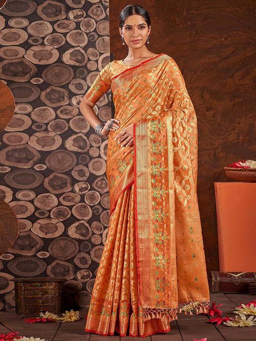 women orange self design banarasi saree with blouse - 21722529 - Very Small Image - 1