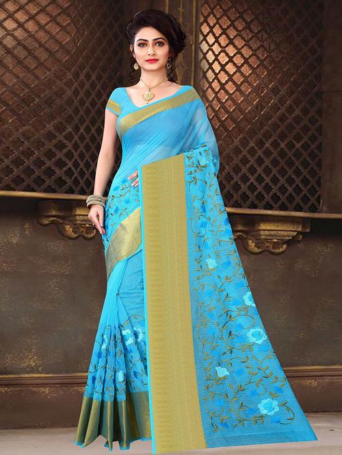 women light blue floral bordered saree with blouse - 21722594 - Very Small Image - 1
