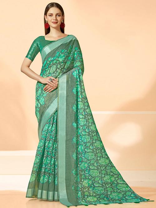 women green floral printed saree with blouse - 21722846 - Very Small Image - 1