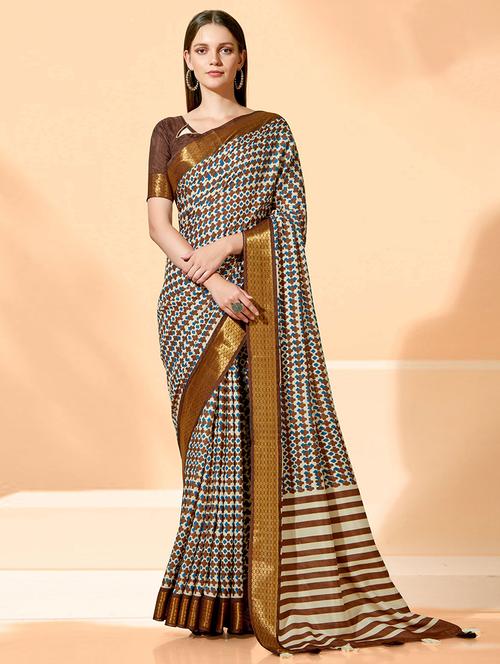 women printed zari bordered saree with blouse - 21722880 - Very Small Image - 1
