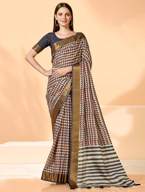 women printed zari bordered saree with blouse - 21722881 - Very Small Image - 1
