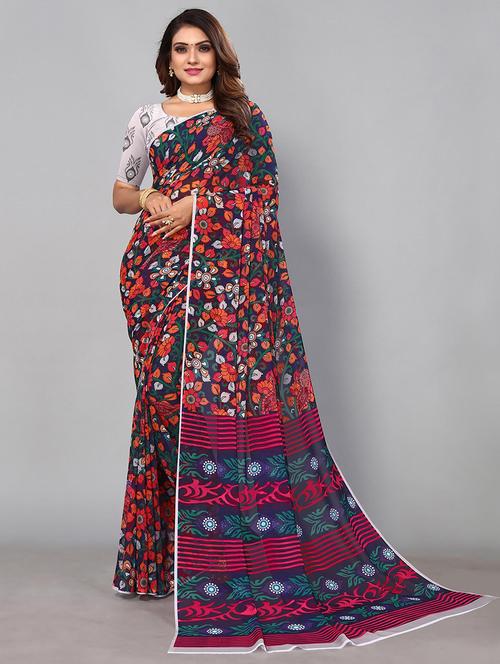 women blue printed saree with blouse - 21722949 - Very Small Image - 1