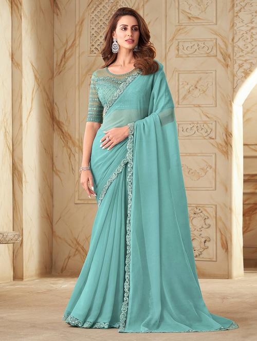 women turquoise solid lace work saree with blouse - 21723105 - Very Small Image - 1