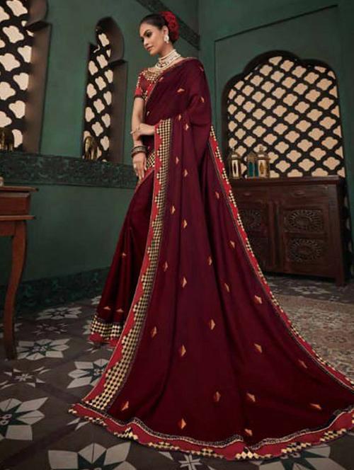 women maroon printed bordered saree with blouse - 21723157 - Very Small Image - 1