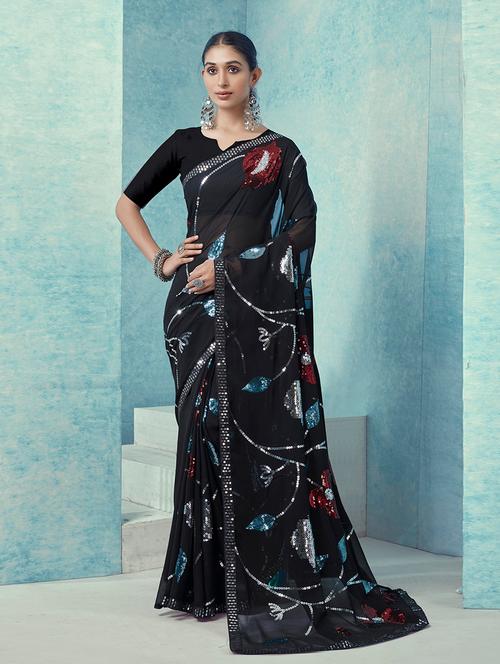 women black sequined embellished saree with blouse - 21723187 - Very Small Image - 1