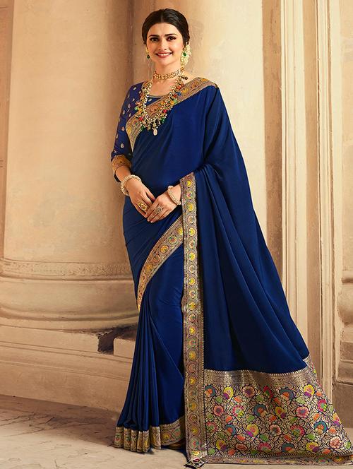 women blue solid zari bordered saree with blouse - 21723190 - Very Small Image - 1