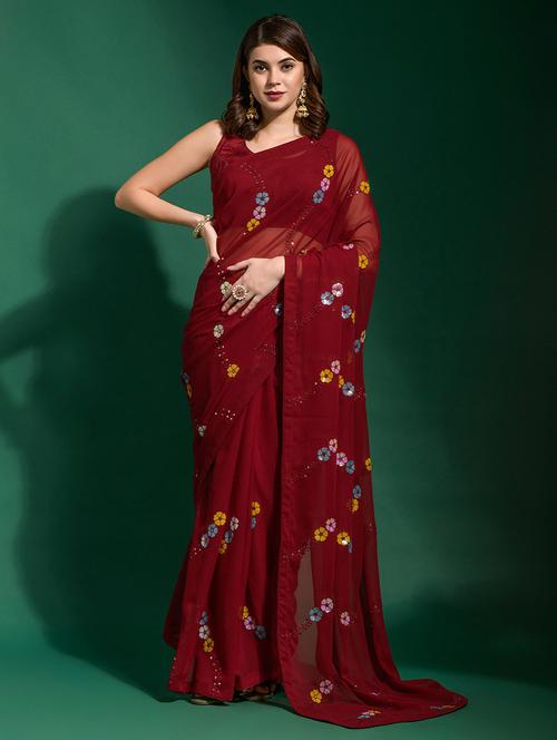 women maroon embellished saree with blouse - 21723210 - Very Small Image - 1