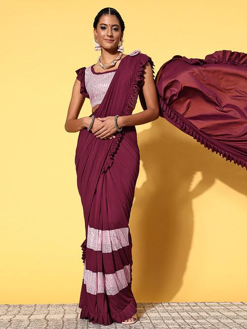 women purple sequin work ruffle saree with blouse - 21723231 - Very Small Image - 1